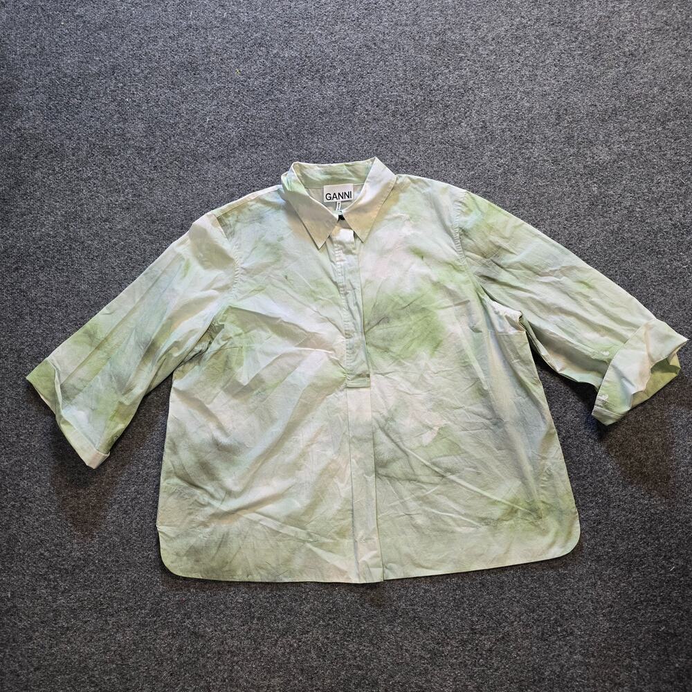 Ganni Top Womens Size 12 Large Green Tie Dye Cotton Popover 3/4 Sleeve Casual